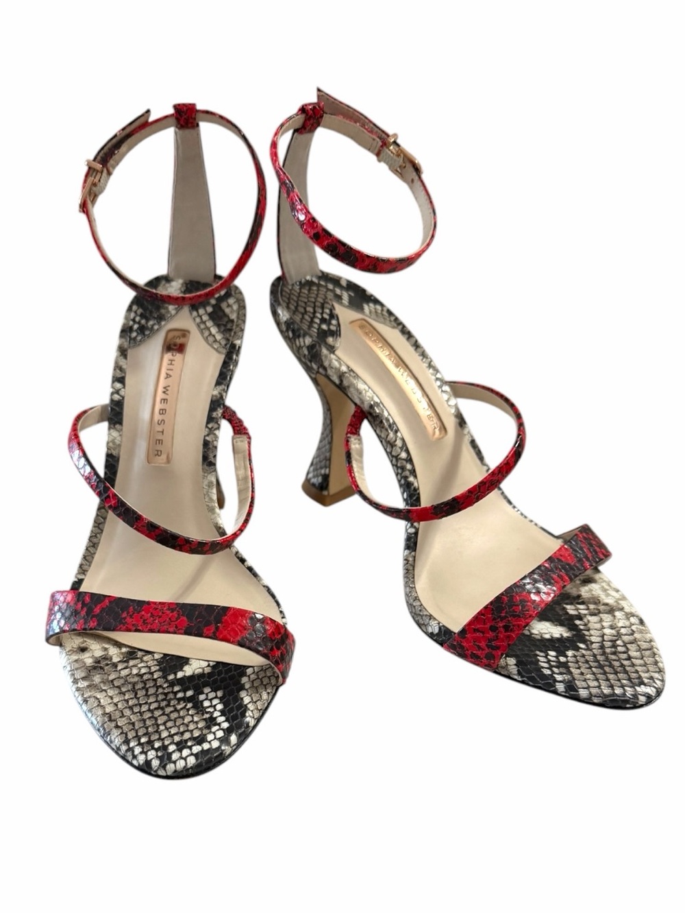 Sophia Webster Snake Print Leather Strappy Sculptural Heel Sandals